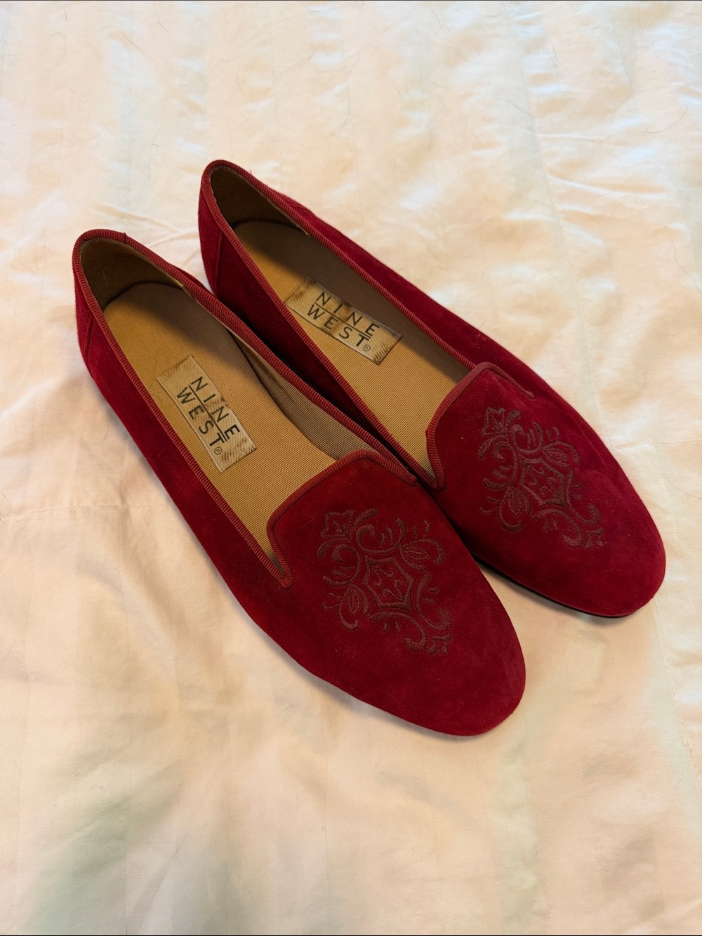 Nine West Crimson Suede Embroidered Slip-On Flats